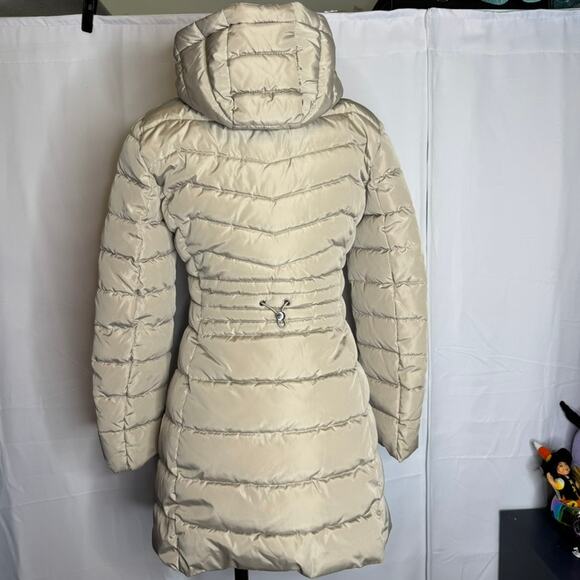 Laundry by Shelli Segal Beige Hooded Long Puffer Coat XS Cinched Waist - Picture 4 of 9